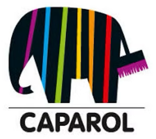 Caparol Logo mit einem stilisierten, bunt gestreiften Elefanten, dessen Schwanz ein Pinsel ist, neben dem CAPAROL Schriftzug