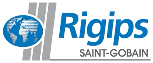 Blaues Rigips Logo mit Globus-Symbol und dem Schriftzug Saint-Gobain darunter